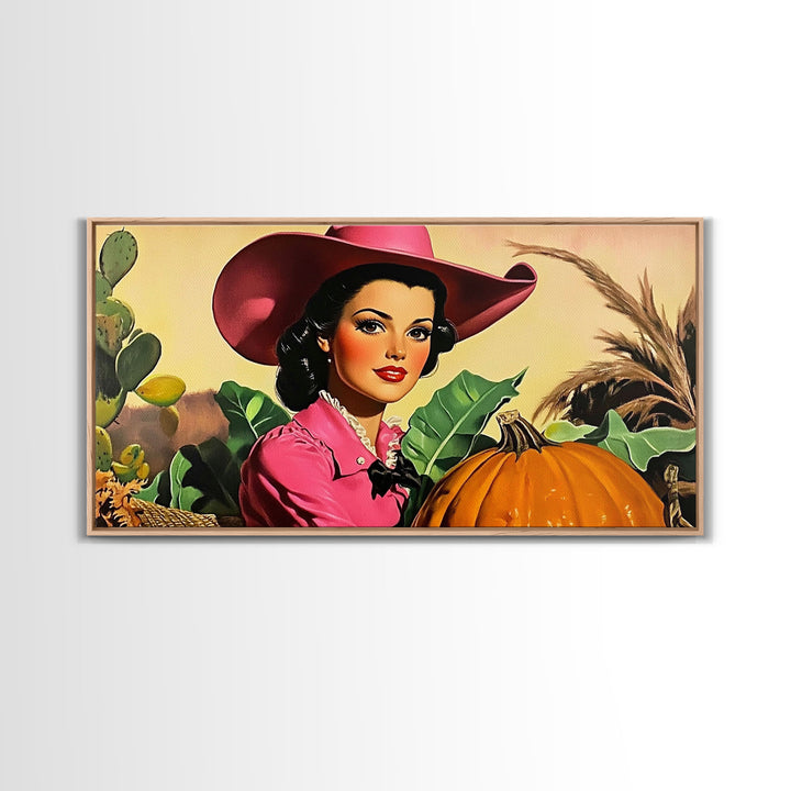 Retro Cowgirl In A Pumpkin Patch, Framed Canvas Print, Fall and Autumn Rustic Decor, perfect autumn or Christmas decor wall art
