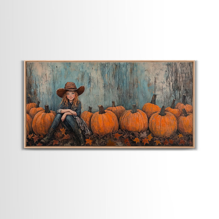 Cute Cowgirl In A Pumpkin Patch, Framed Canvas Print, Fall / Thanksgiving Decor, minimalist seasonal art for autumn or Christmas decor