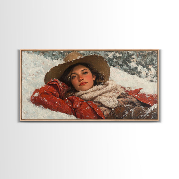 Cowgirl Laying In The Snow Framed Canvas Print, Cute Rustic Decor, Cowgirl Portrait Painting, Winter Wall Art