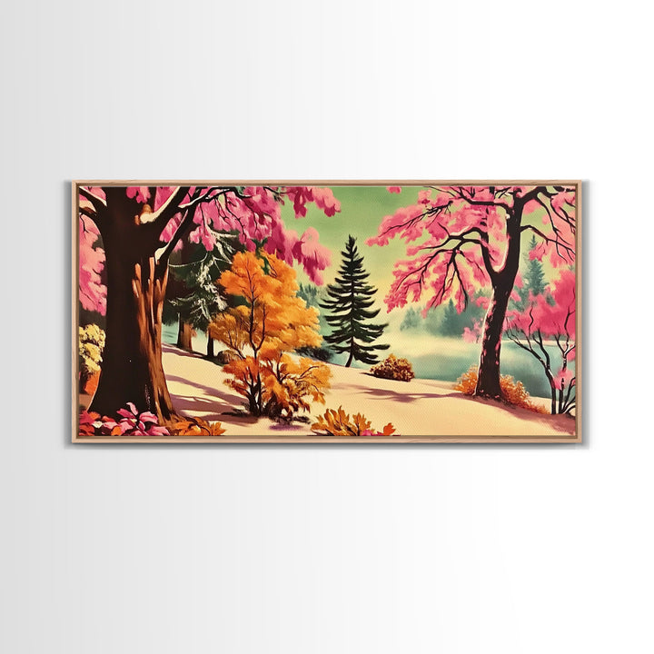 Colorful Path with Pink and Orange Trees Framed Canvas Print, Ideal Autumn Wall Art, Perfect Seasonal Decor Gift for Nature Lovers