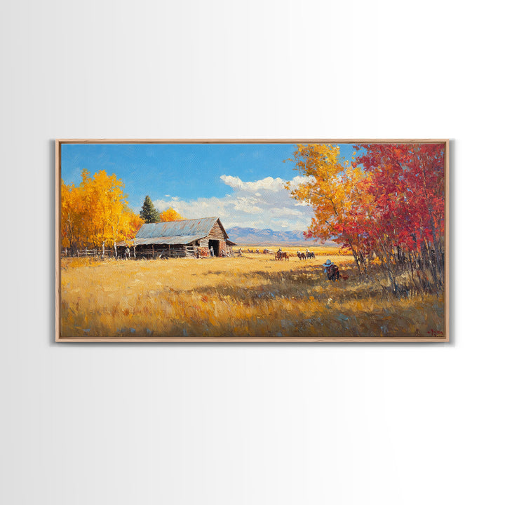 Group Of Horseback Riders In Autumn Field, Rustic Fall Scene Wall Art, Country Farmhouse Framed Canvas Print, Cozy Harvest Time Art