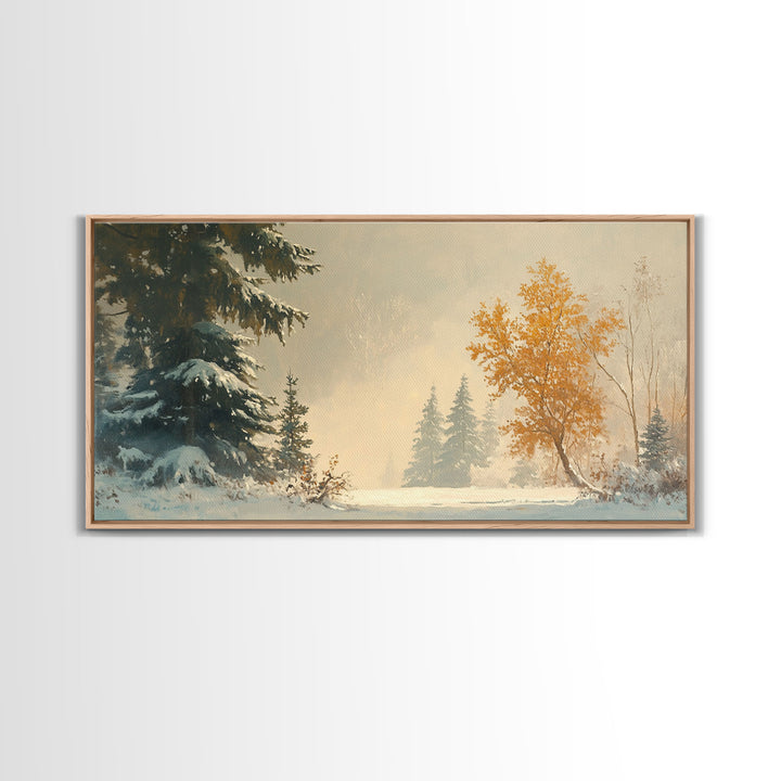 Subdued Winter Landscape, Moody Landscape Painting, Framed Canvas Print, classic Christmas wall art for holiday decor