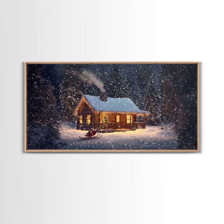Cozy Cabin in Snow Framed Canvas Print, Winter Wonderland Scene Art, Rustic Christmas Decor, Holiday Wall Art, Seasonal Gift Idea