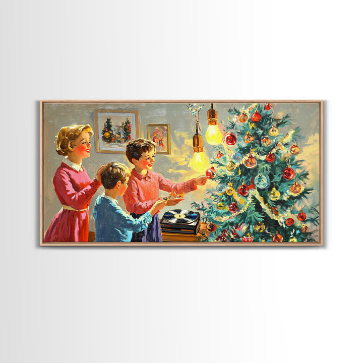 Family Christmas Decorating Framed Canvas Print, Retro Holiday Scene Art, Vintage Christmas Home Decor, Christmas Art Prints, Wall Art