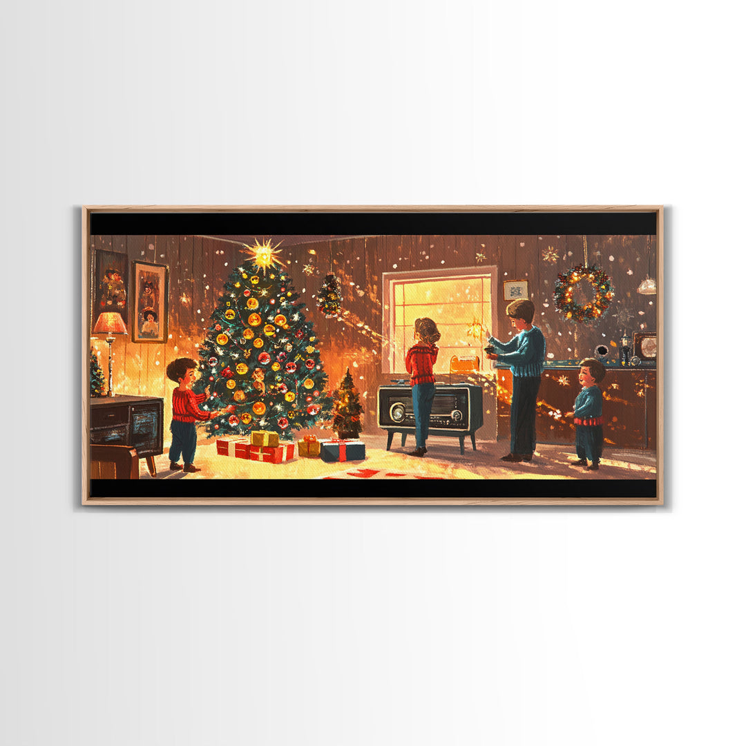Cozy Christmas Evening Framed Canvas Print, Vintage Christmas Scene Art, Retro Holiday Home Decor, Christmas Tree Wall Art, Christmas Gift