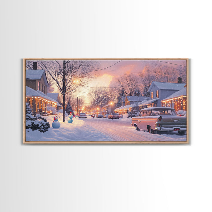 Snowy Neighborhood Evening Framed Canvas Print, Winter Wonderland Scene Art, Christmas Home Decor, Vintage Christmas Art, Holiday Wall Art