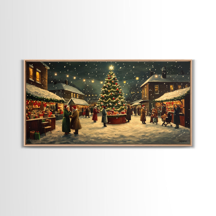 Vintage Christmas Village Market Scene Framed Canvas Print - Perfect Retro Christmas Wall Art and Vintage Christmas Home Decor 2024