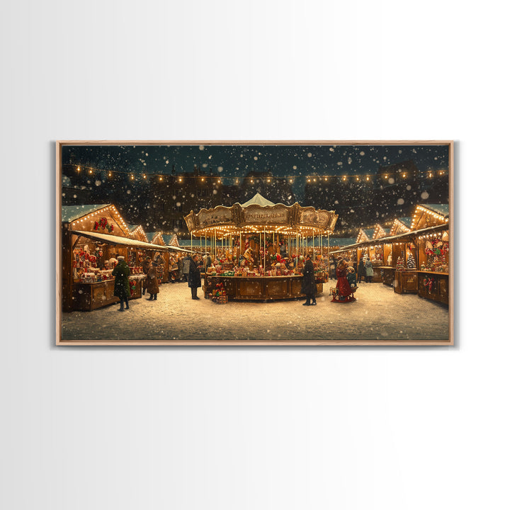 Retro Carousel Christmas Market Framed Canvas Print - Beautiful Vintage Christmas Decor and Holiday Wall Art with Christmas Scene