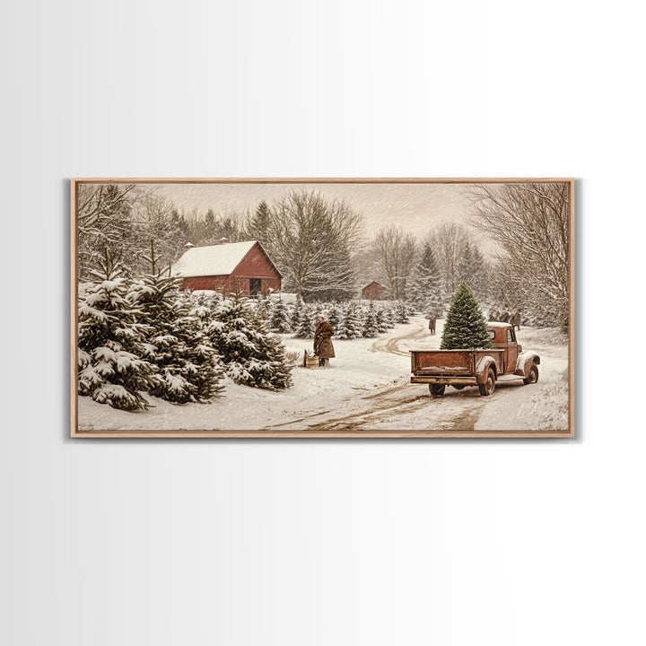Rustic Christmas Tree Farm Framed Canvas Print - Perfect Vintage Farmhouse Christmas Decor and Winter Home Wall Art