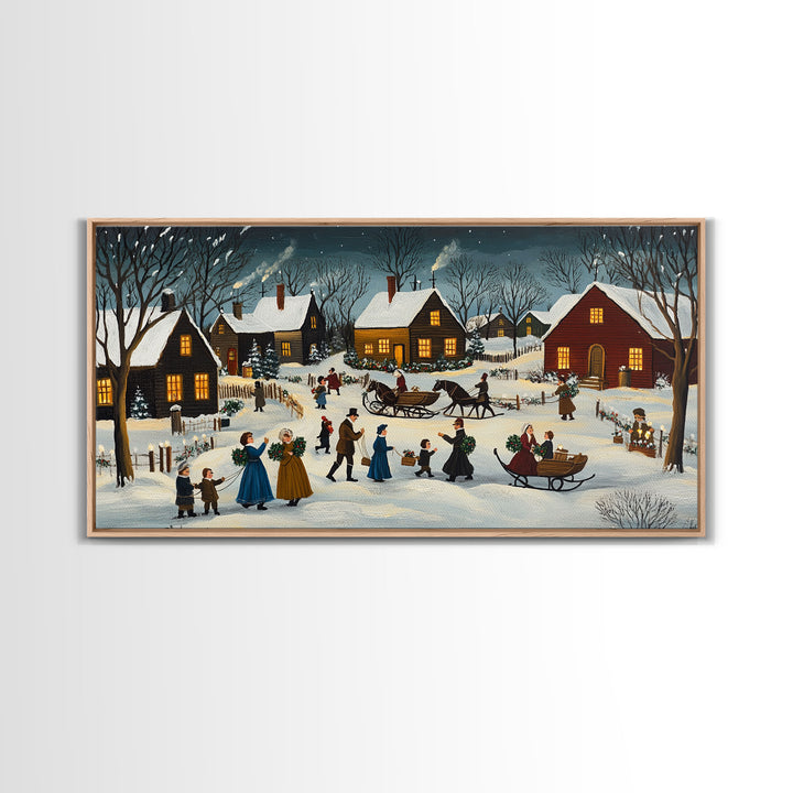 Colonial Village Christmas Scene Framed Canvas Print - Charming Christmas Wall Art and Vintage Holiday Decor 2024 Christmas Gift