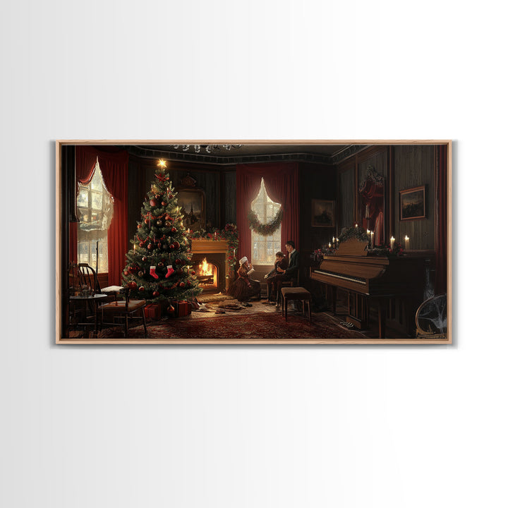 Victorian Christmas Living Room Framed Canvas Print - Elegant Christmas Decor with Vintage Holiday Charm and Indoor Wall Art