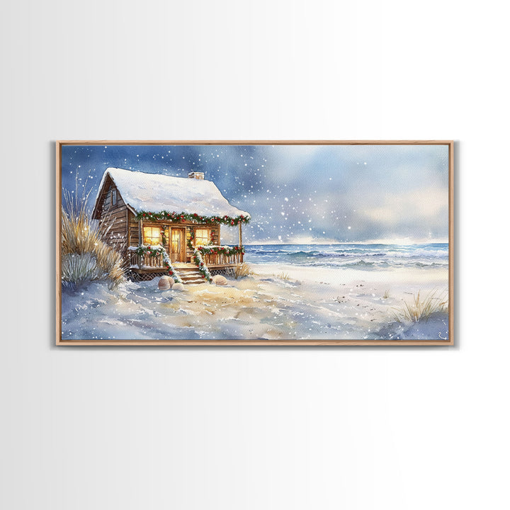 Coastal Winter Cottage Snowy Christmas Scene With Framed Canvas Print, Winter Wonderland Beach House Christmas Decor Wall Art