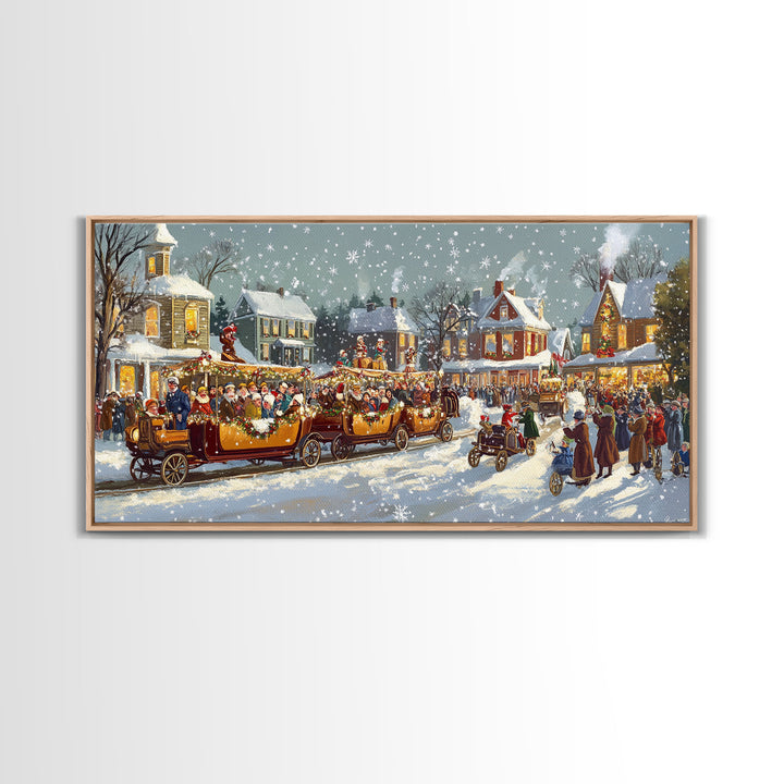 Vintage Christmas parade with decorated cars, 2024 Christmas scene art, framed canvas print, festive holiday art, Christmas wall art