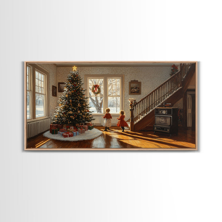 Vintage Christmas scene with children by tree, rustic Christmas home decor, framed canvas print, Christmas art prints, 2024 holiday wall art