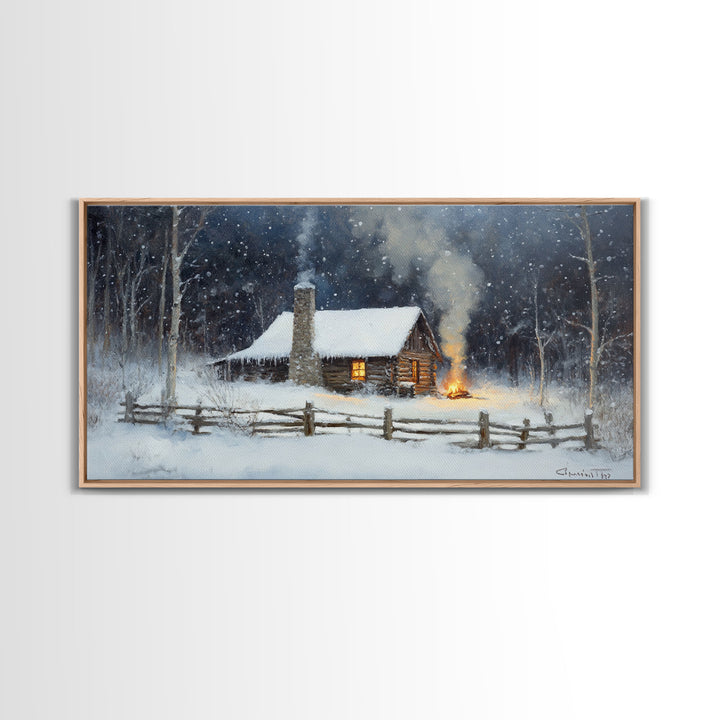 Rustic Cabin in Snow Framed Canvas Print, Cozy Winter Wonderland Art, Best Gift Idea for Christmas Wall Art, Vintage Holiday Decor