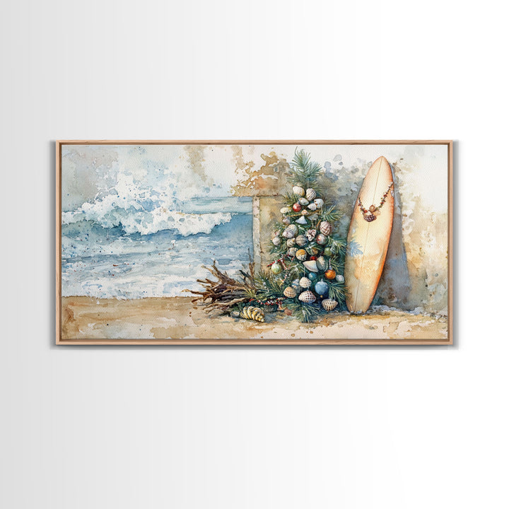 Coastal Christmas Scene Surfboards Christmas Tree Framed Canvas Print, Beach Holiday Decor Wall Art With Surfing Theme