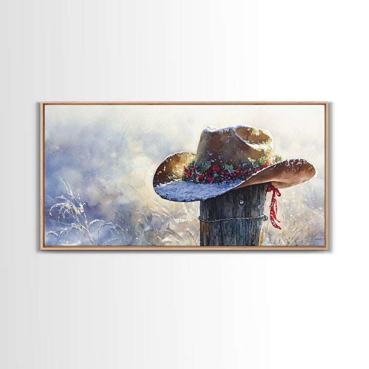 Rustic Cowboy Christmas Hat Framed Canvas Print, Snow-Covered Country Holiday Decor with Wreath on Fence Perfect Winter Art