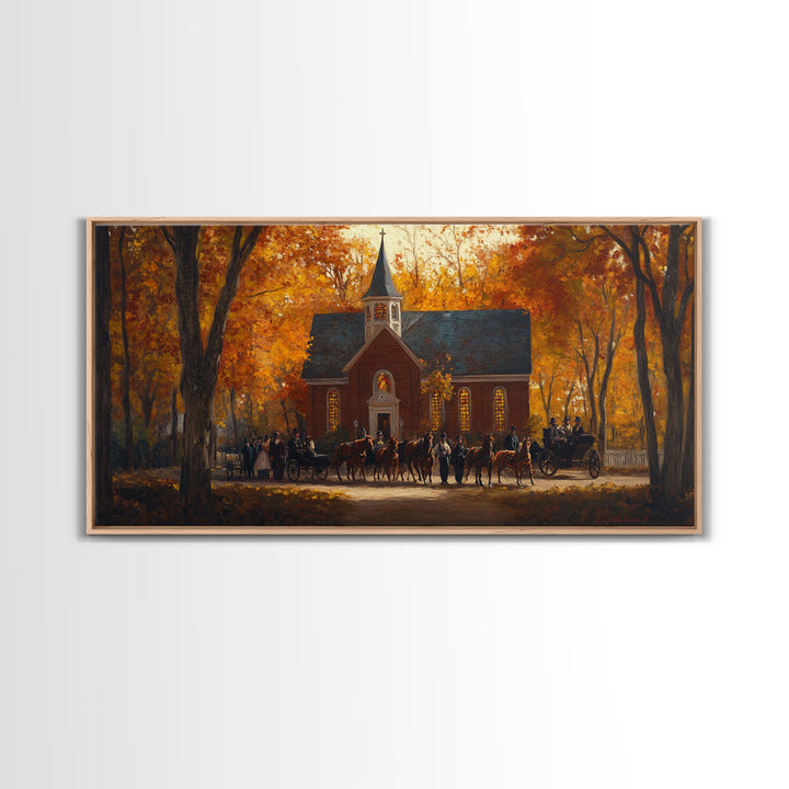 Beautiful Country Church in Autumn Scene Framed Canvas Print Fall Art, Rustic Autumn Church Scene, Vintage Wall Art Home Decor