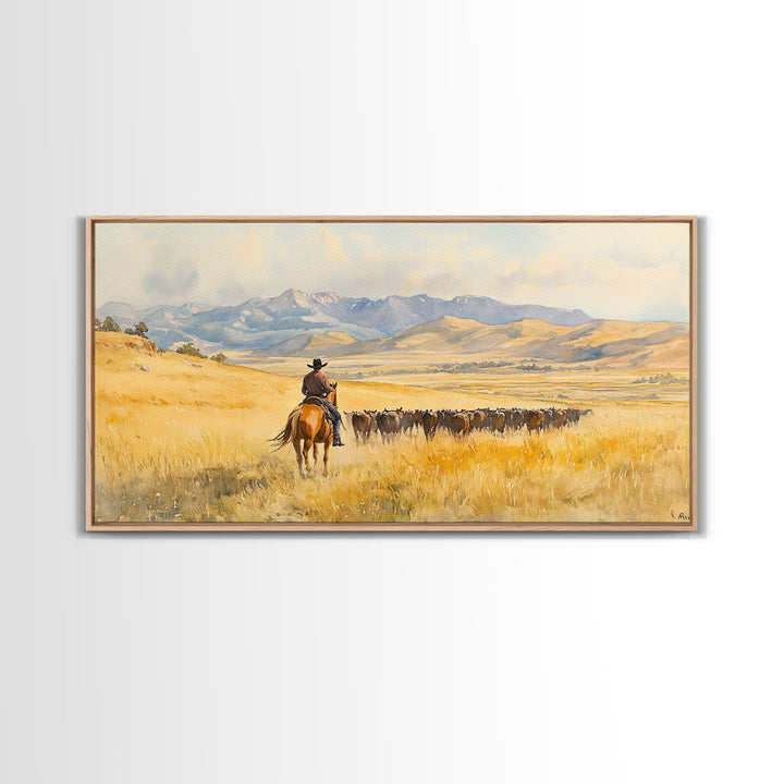 Cowboy On Snowy Path Framed Canvas Print Tall Art Winter Wonderland Western Christmas Decor Rustic Winter Wall Art Gift Cowboy Holiday Gift