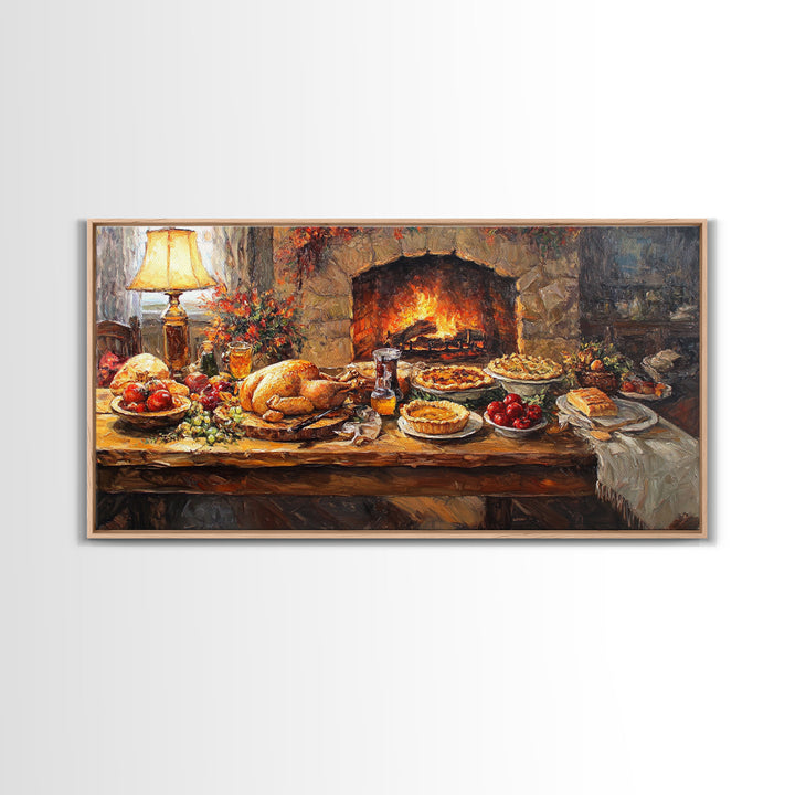 Cozy Thanksgiving Feast by Fireplace Framed Canvas Print Seasonal Wall Art, Rustic Fall Decor, Harvest Celebration Art Print for Home