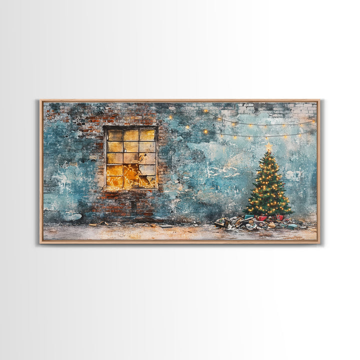 Rustic urban Christmas wall art with a glowing window and decorated tree, framed canvas print perfect seasonal decor, winter holiday display