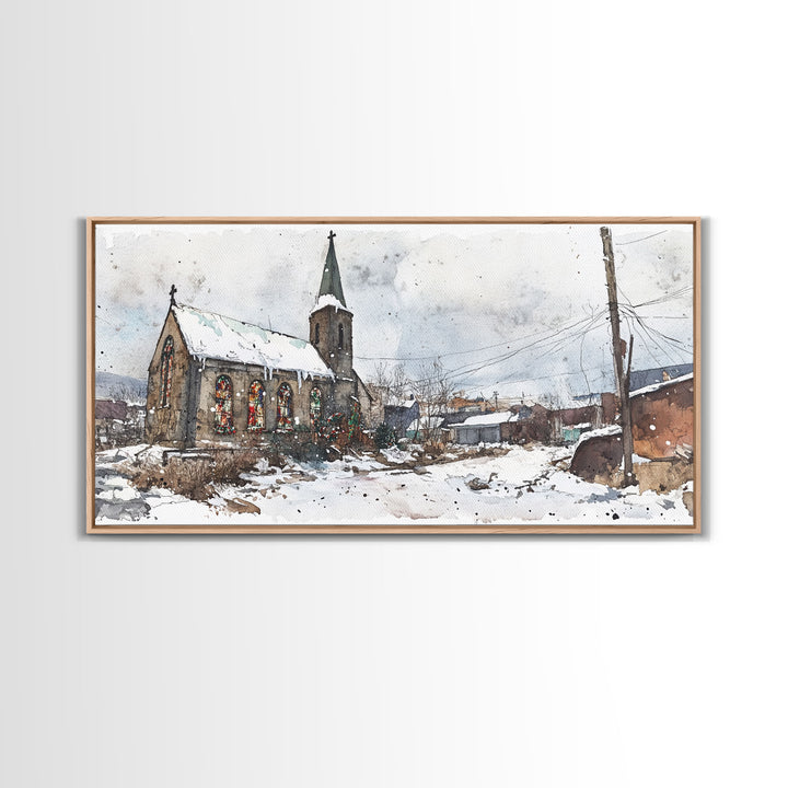 Snowy church scene framed canvas print, stained glass church in winter with snow-covered rooftops, perfect Christmas or holiday art display