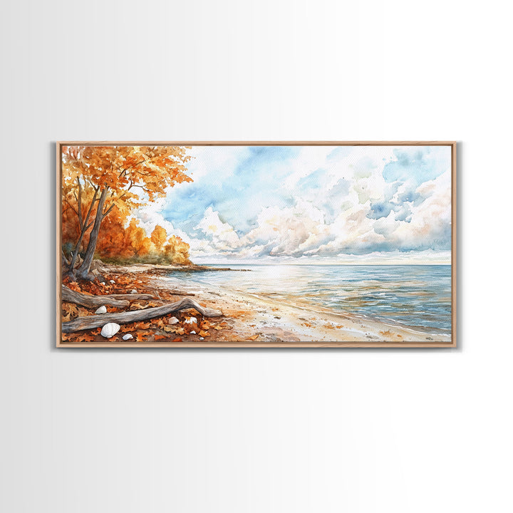 Autumn beach scene with colorful trees and calm waters, framed canvas print, perfect fall or autumn seasonal decor wall art