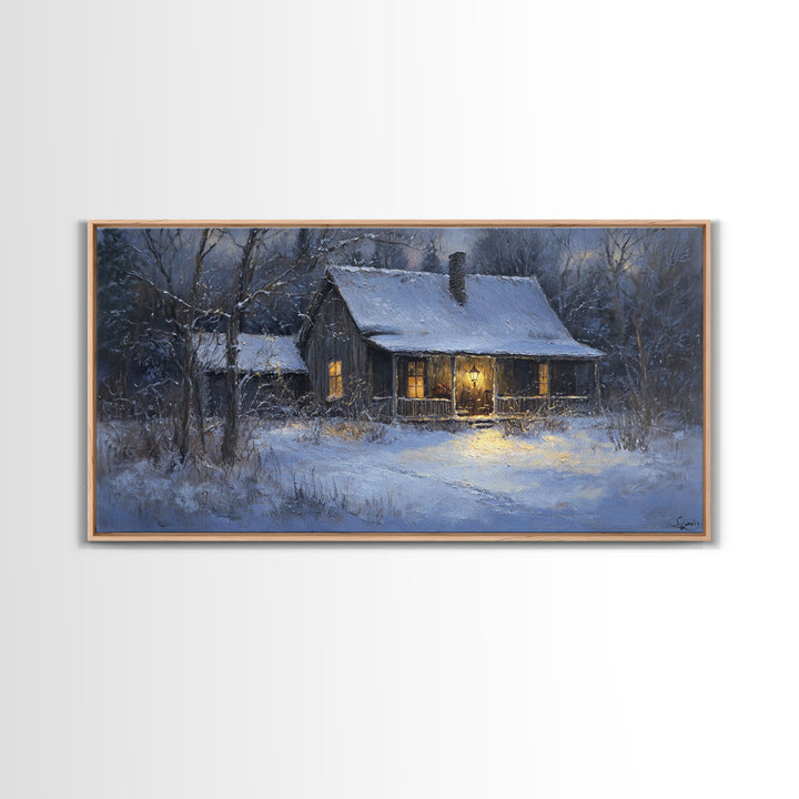 Cozy Winter Cabin Scene Framed Canvas Print with Snowy Landscape, Christmas Wall Art, Rustic Winter Scene, Vintage Seasonal Wall Decor