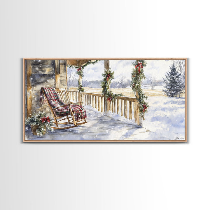 Snowy porch scene with wreaths and holiday greenery, framed canvas print, cozy winter Christmas decor perfect holiday wall display
