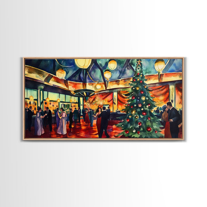 Elegant ballroom Christmas tree with dancing couples, framed canvas print vibrant holiday party decor perfect seasonal wall art