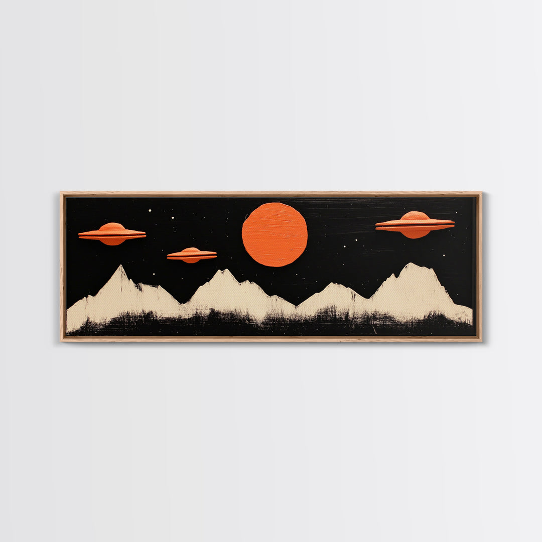 Cute  Nursery Decor - Boy's Room Wall Art - Panoramic Flying Saucers or UFOs Art Print - Framed Canvas