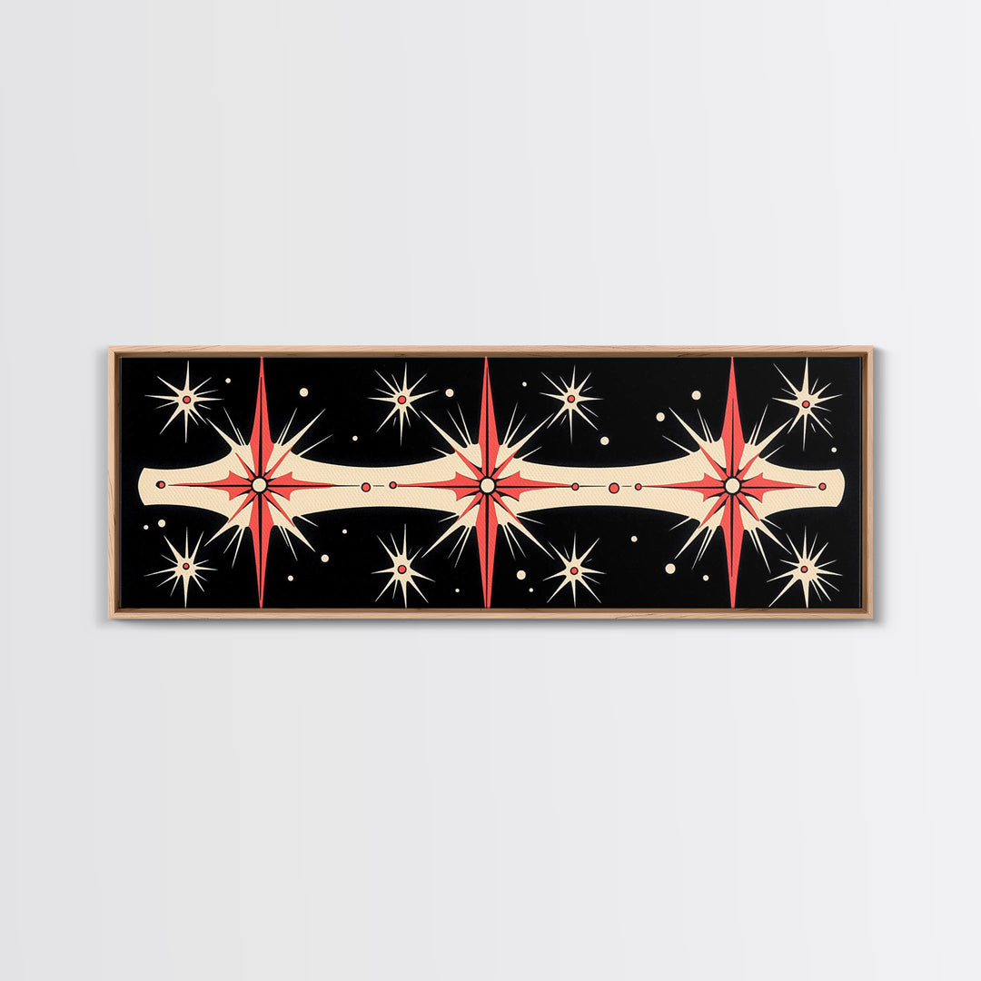 Neutral Star Burst Framed Canvas Print, Abstract Atomic Age Wall Art, Mid-Century Modern 1950s Style Home Decor, Large Scale Art