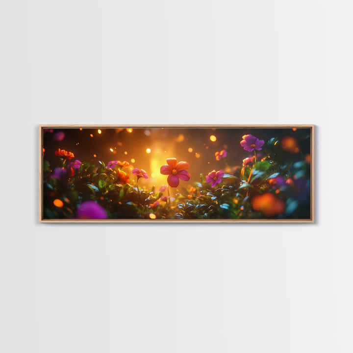 Beautiful 3D Rendered Flower Canvas Print, Wild Flowers In The Morning Dew at Sunset, Panoramic Extra Wide Wall Art