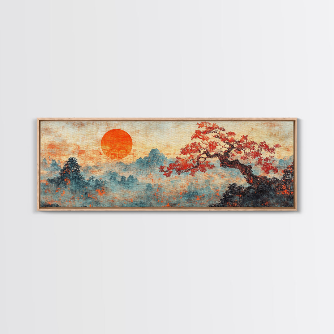 Maple Tree At Sunset With Red Leaves, Japanese Vintage Style Wall Art, Panoramic Painting Print, Woodblock Print, Boho Wall Decor