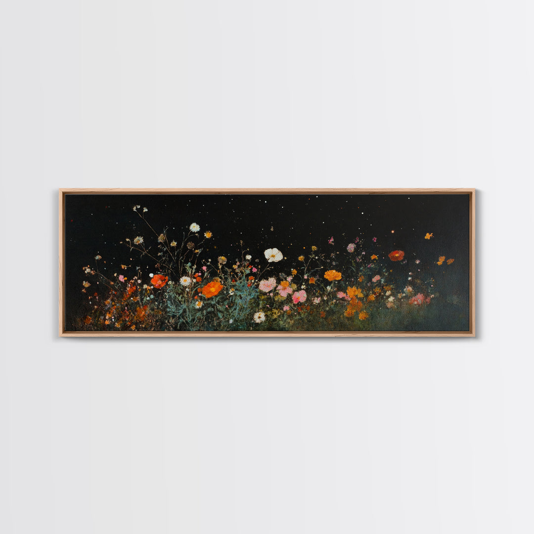 Dark & Moody Wild Flowers Under a Full Moon, Framed Canvas Print, Panoramic Extra Wide Wall Art, Oversized Home Decor