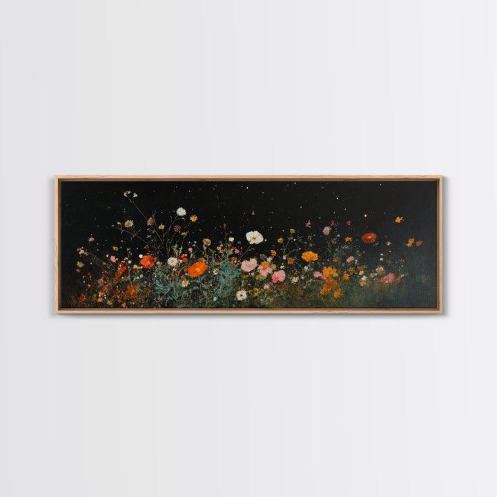 Dark & Moody Wild Flowers Under a Full Moon, Framed Canvas Print, Panoramic Extra Wide Wall Art, Oversized Home Decor
