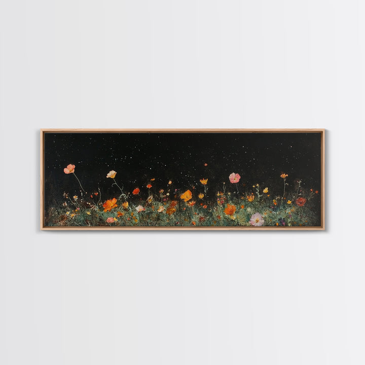 Dark & Moody Wild Flowers Under a Full Moon, Framed Canvas Print, Panoramic Extra Wide Wall Art, Oversized Home Decor, Modern Farmhouse Art