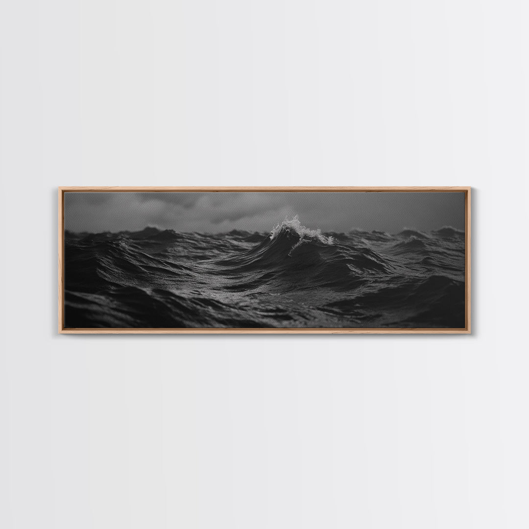 Black and White Ocean Photography Style Print, Panoramic Wall Art, Wood Framed Canvas Art, Seascapes, Nautical Decor