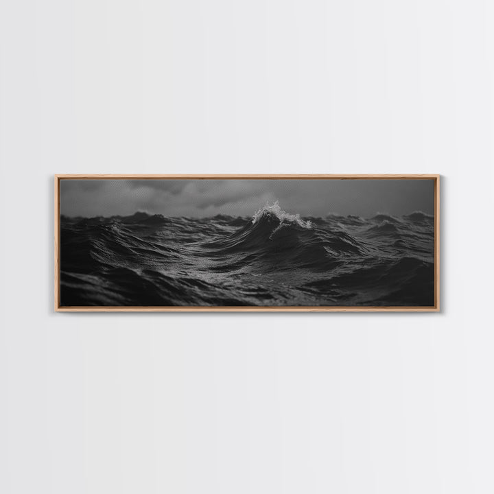 Black and White Ocean Photography Style Print, Panoramic Wall Art, Wood Framed Canvas Art, Seascapes, Nautical Decor