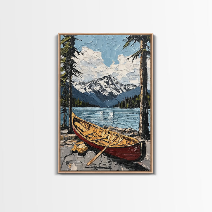 Canoe in the Mountains Framed Canvas Print, Abstract Pacific Northwest Oil Painting Print, Oregon or Washington Wall Art