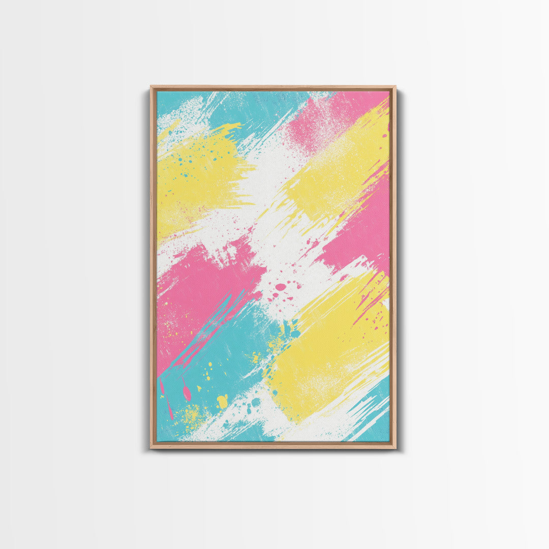 Brush Strokes On Canvas Print, Wood Framed Wall Art, Preppy Dorm Room Decor, Pink Turquoise and Yellow on White Background Wall Art
