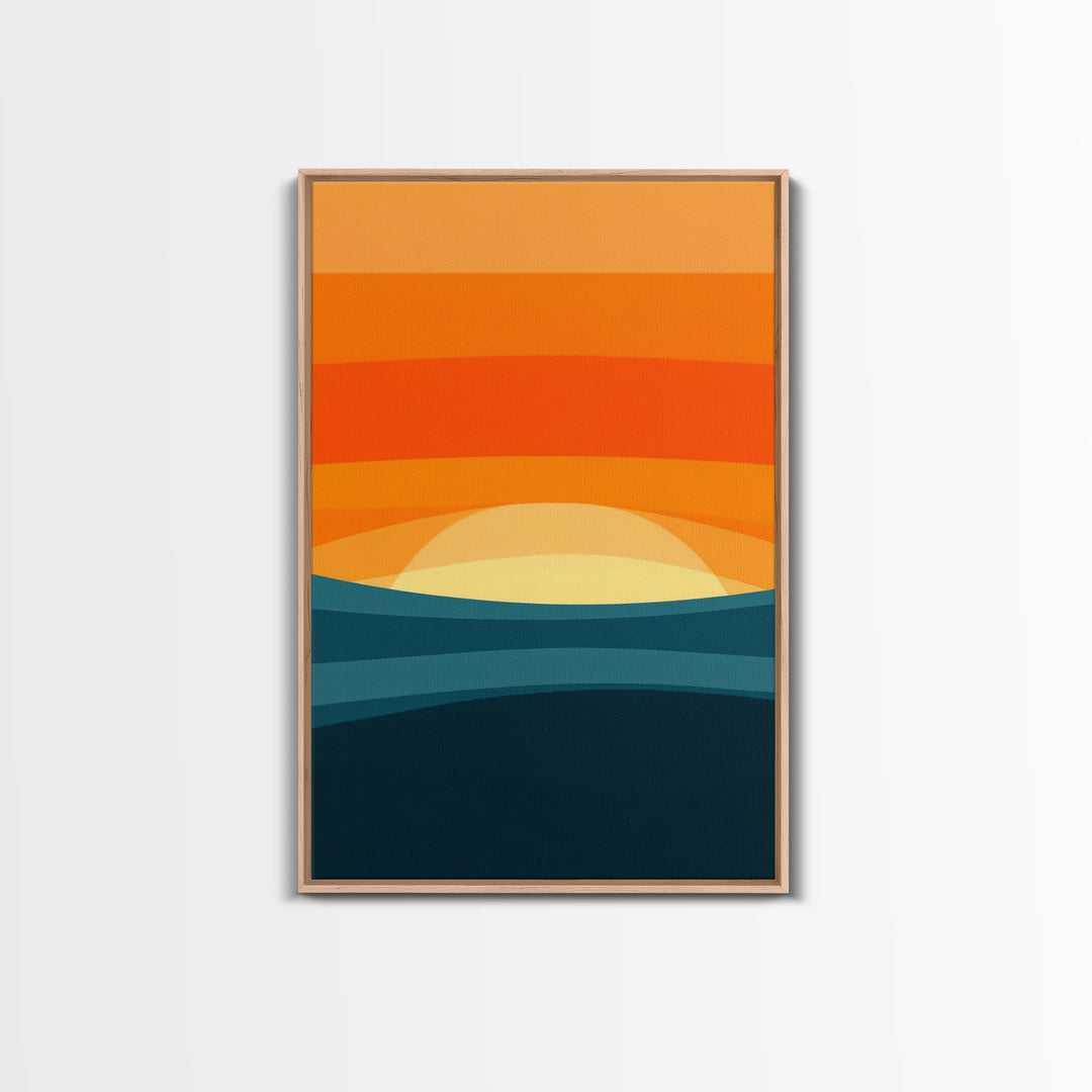 Art Deco Sunset Framed Canvas Print, MCM Style Wall Art Living Room Decor, Abstract Modern Art