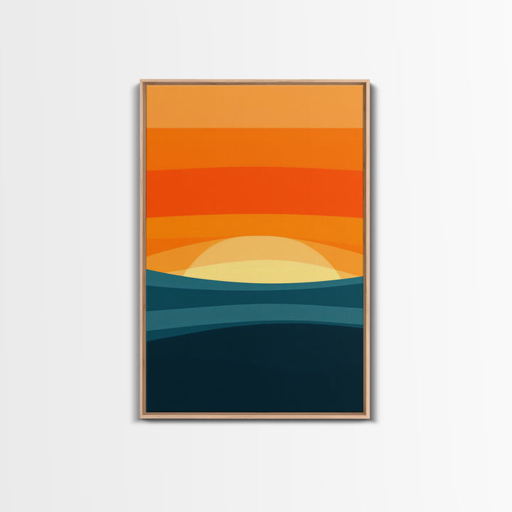 Art Deco Sunset Framed Canvas Print, MCM Style Wall Art Living Room Decor, Abstract Modern Art