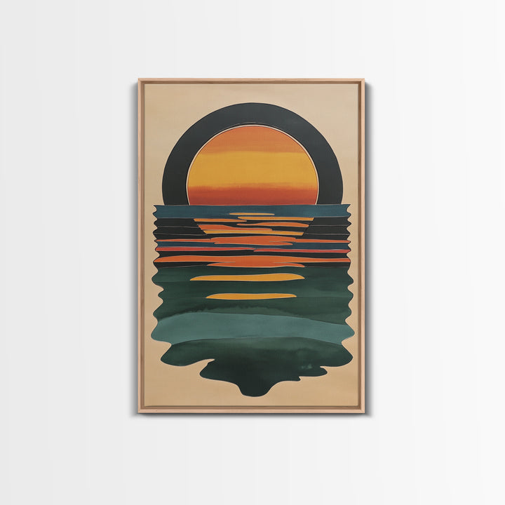 Art Deco Sunset Over The Ocean, Minimalist Home Decor Canvas Print, Emerald Green Ocean With Sunrise, Boho Art