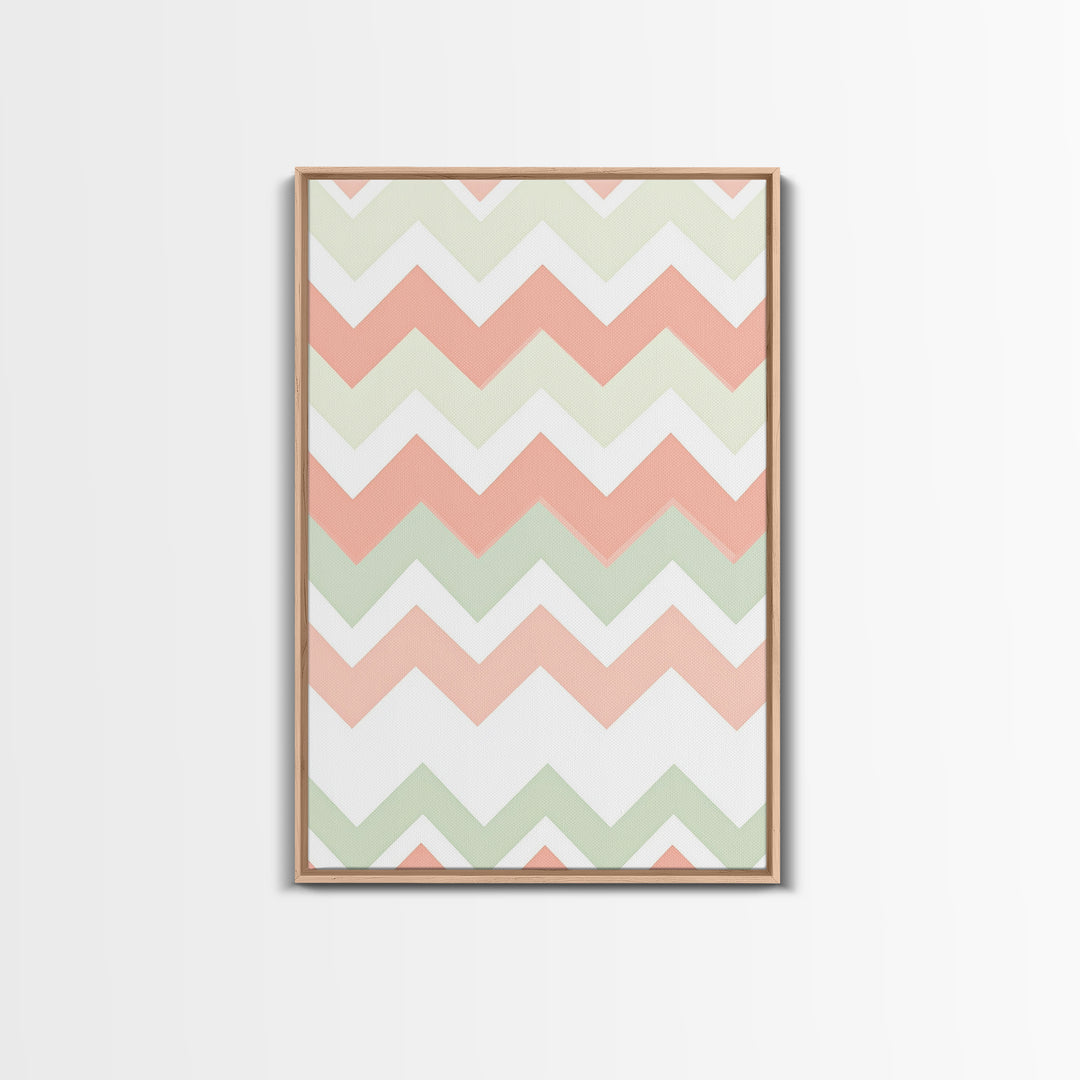 Pink and Mint Green Chevrons, MCM style Mid Century Modern Home Decor, Framed Canvas Print, Whimsical Wall Art