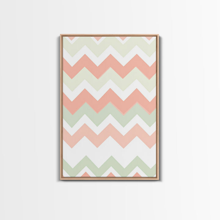 Pink and Mint Green Chevrons, MCM style Mid Century Modern Home Decor, Framed Canvas Print, Whimsical Wall Art