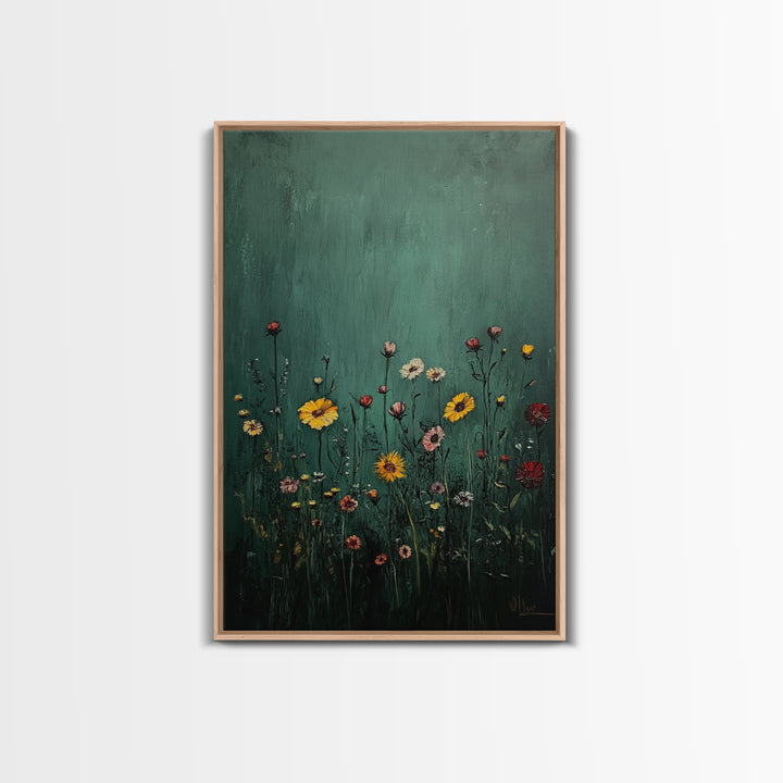 Wildflower Print, Oil Painting Flower Canvas Print Boho Botanical Wall Art, Dark and Moody Home Decor, Minimalist Bouquet