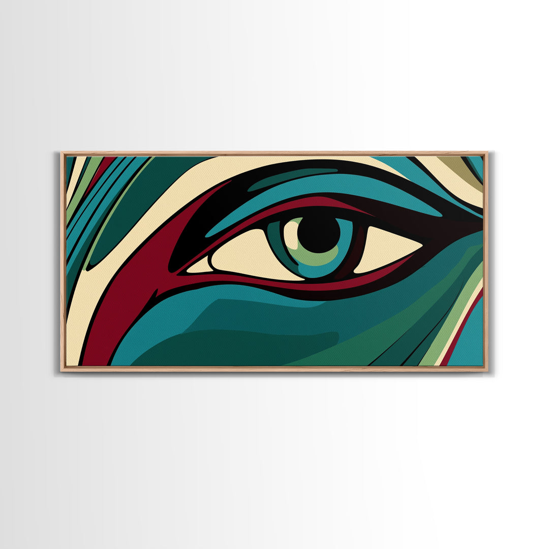 Abstract Painting of a Human Eye Framed Canvas Print, Retro Art Deco Style Art, Eclectic Decor, Kitsch Wall Art
