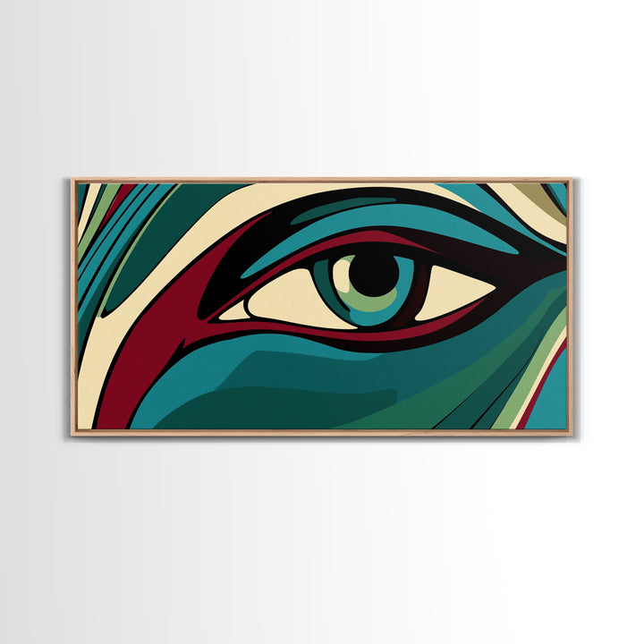 Abstract Painting of a Human Eye Framed Canvas Print, Retro Art Deco Style Art, Eclectic Decor, Kitsch Wall Art