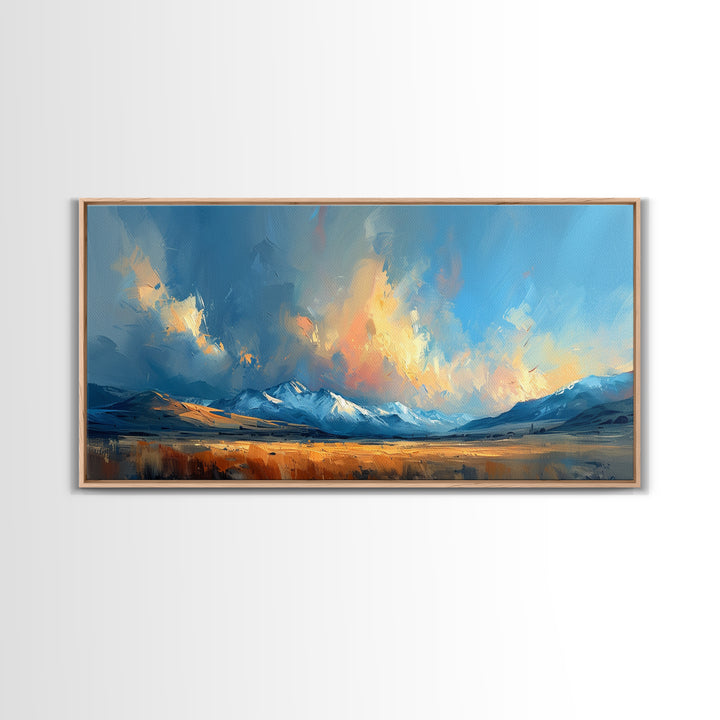 Panoramic Mountain Landscape Painting Print, Oil Painting Of Wyoming Mountains, Antique Style Art Print, Walnut Frame Art